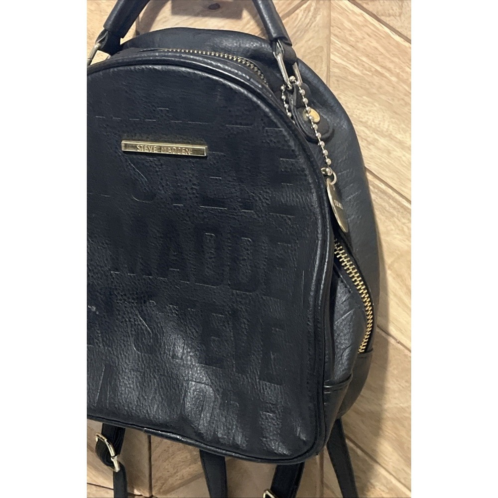 Steve Madden Small Backpack Embossed Logo Black & Gold Faux Leather Womens Bag - Picture 4 of 16